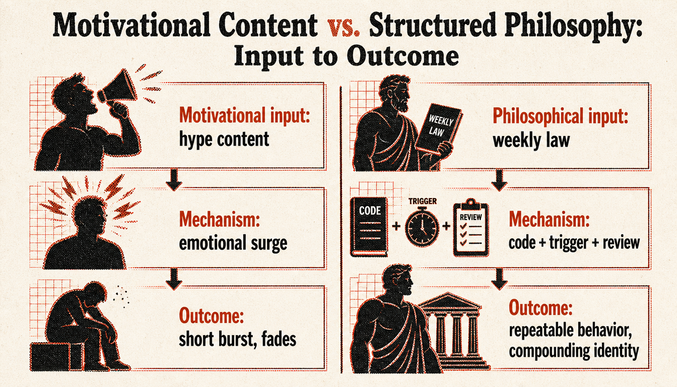 Comparison diagram of stoicism vs motivational self help from input to outcome