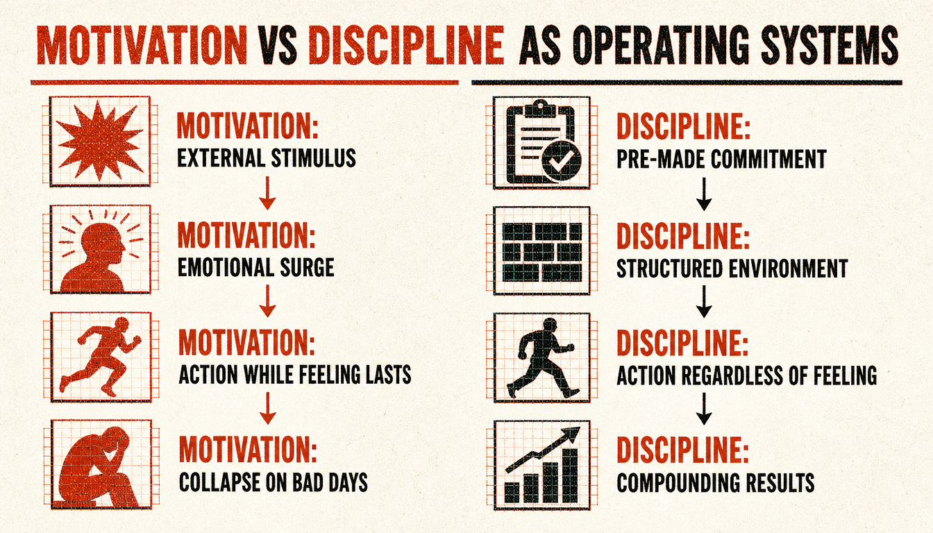 Comparison diagram showing discipline vs motivation as different operating systems