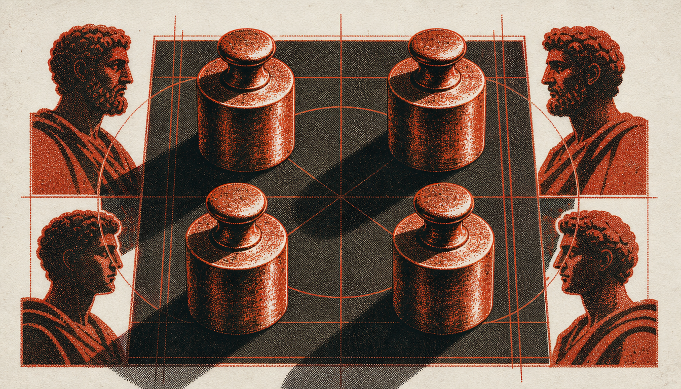 Four brass weights symbolizing the cardinal virtues in what is stoicism