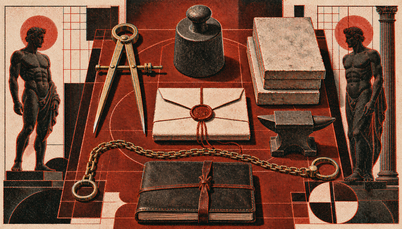 Philosophical toolkit flat-lay showing structured philosophy in stoicism vs motivational self help