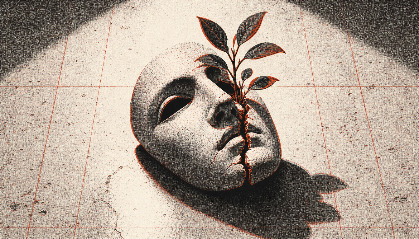 Cracked mask with a plant growing through it illustrating misunderstandings about what is stoicism
