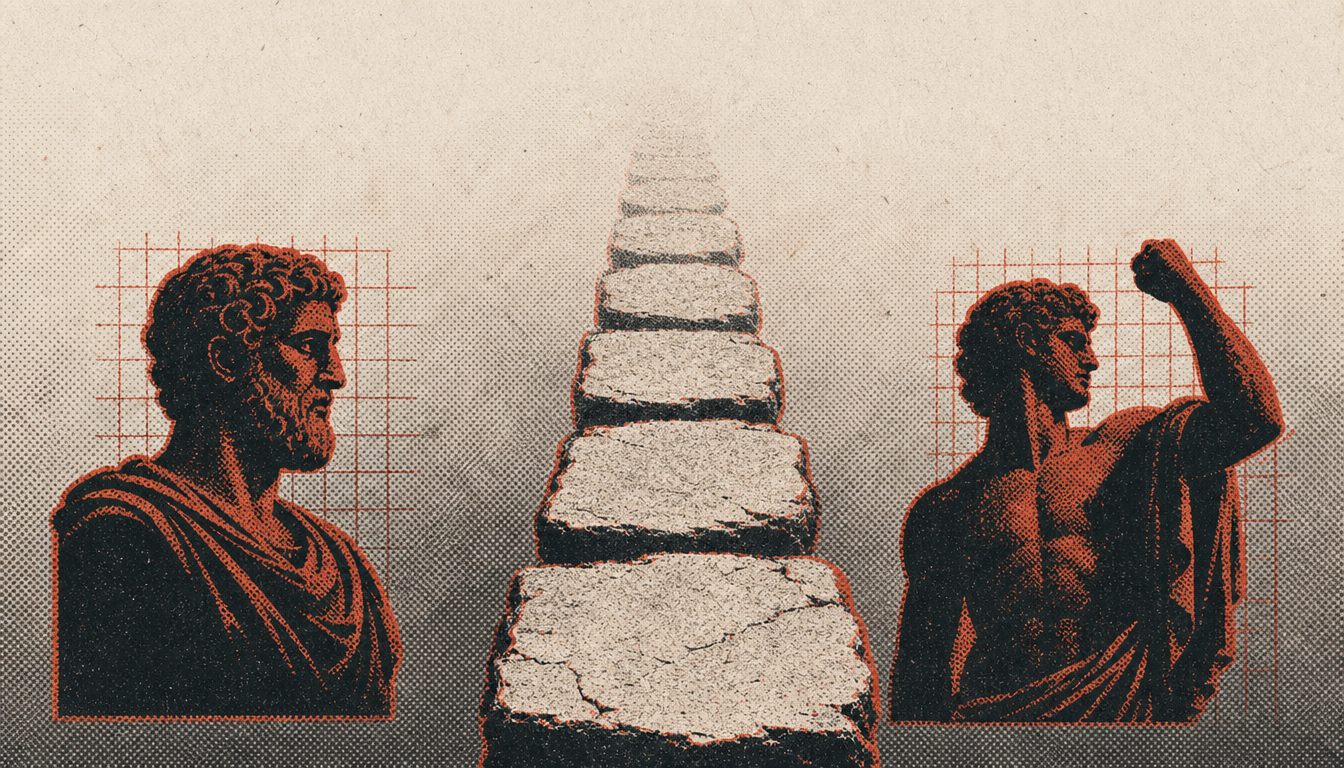 Sequenced stone path representing the weekly practice in stoicism vs motivational self help