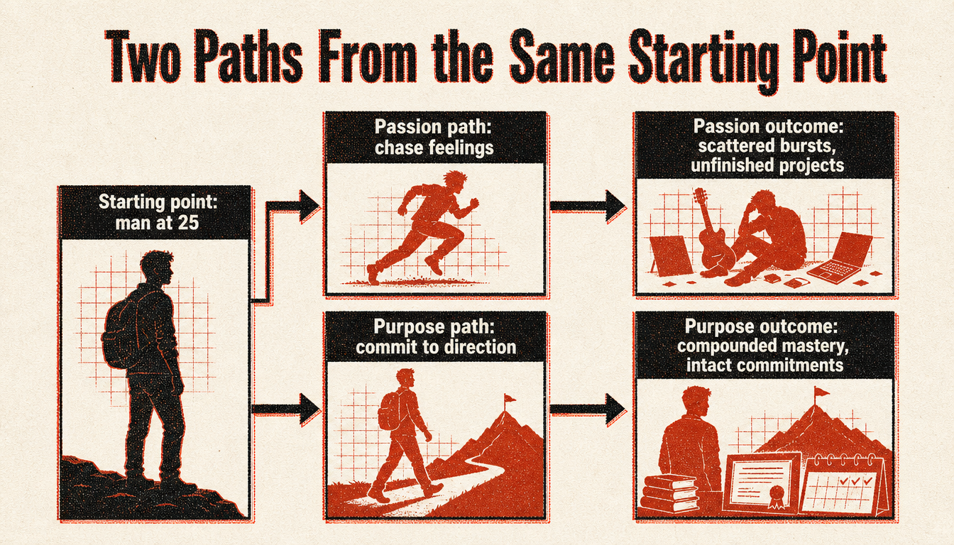Comparison diagram of two divergent paths in purpose vs passion