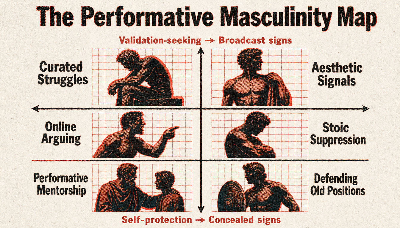 Matrix mapping the seven signs of performative masculinity by motive and visibility