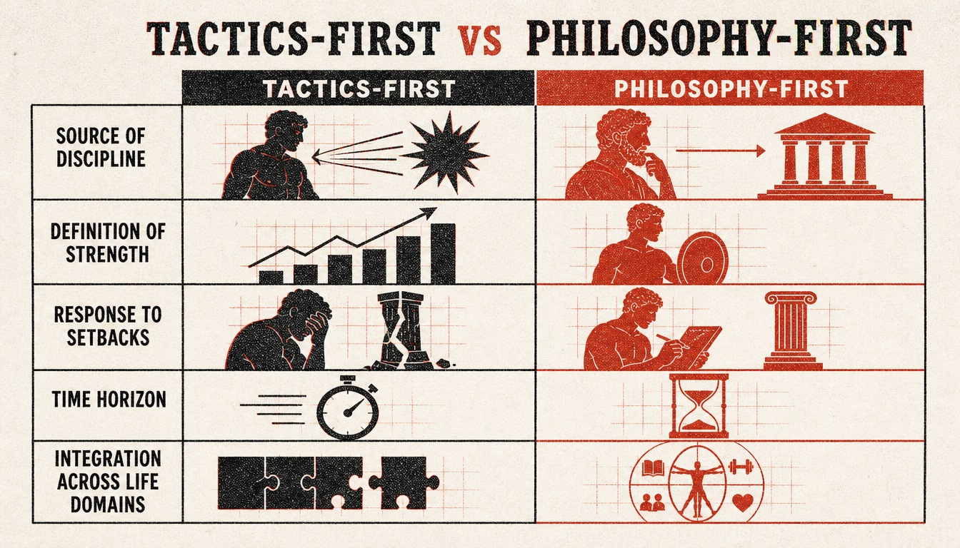 Comparison chart of tactics-first versus philosophy-first self help for men