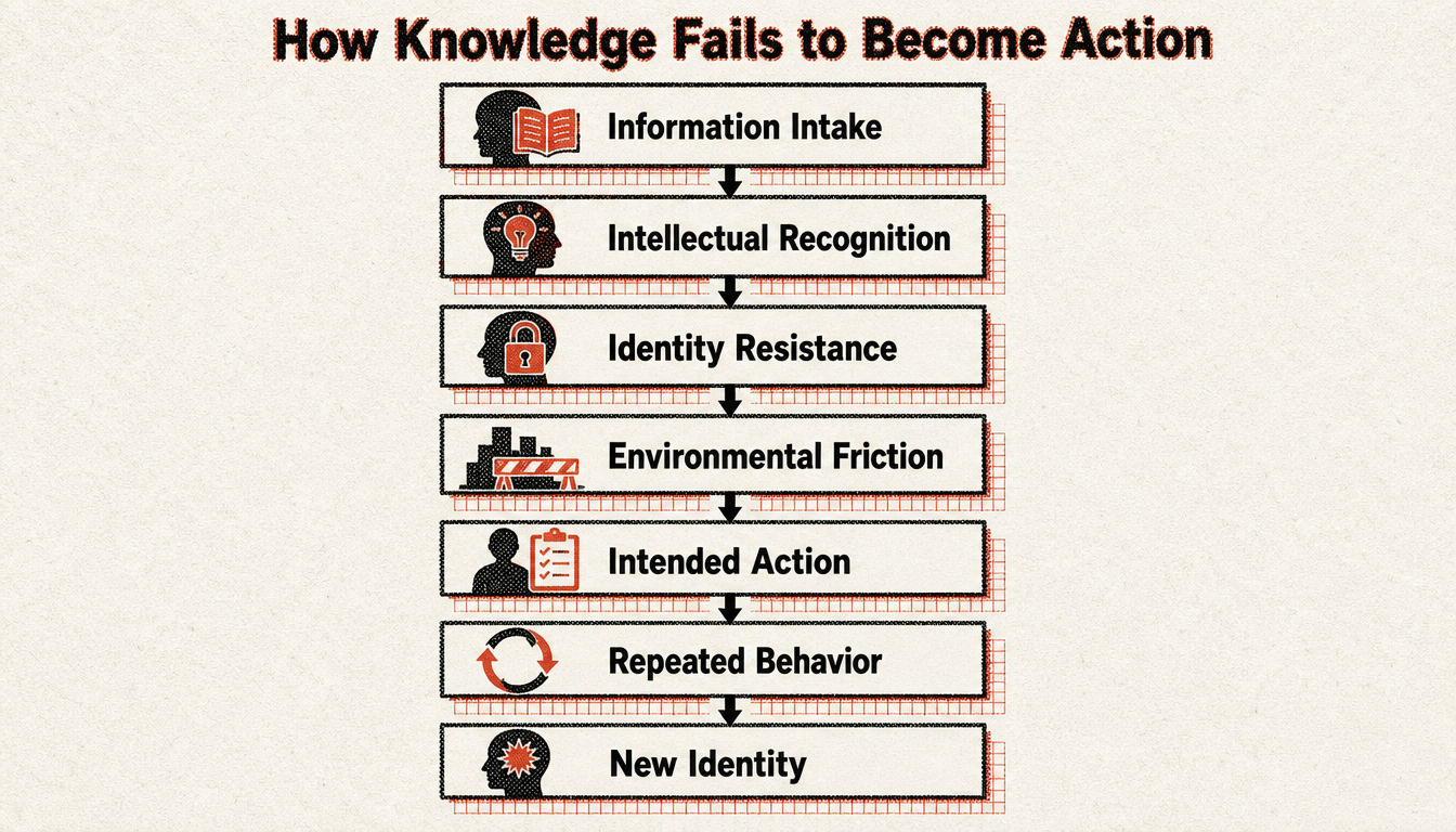 Flowchart showing how the knowledge action gap forms between intake and behavior