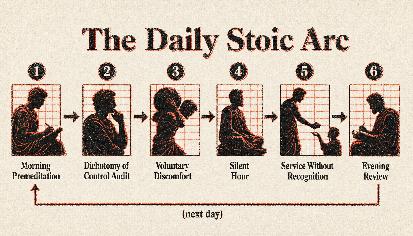Process diagram showing the daily flow of daily stoic practices from morning to evening