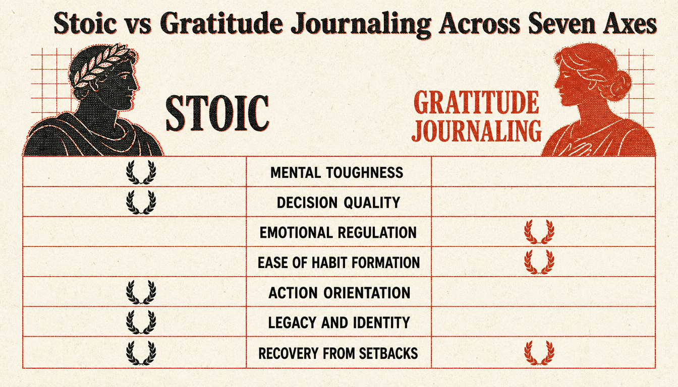 Comparison chart of stoic journaling versus gratitude journaling across seven evaluation axes