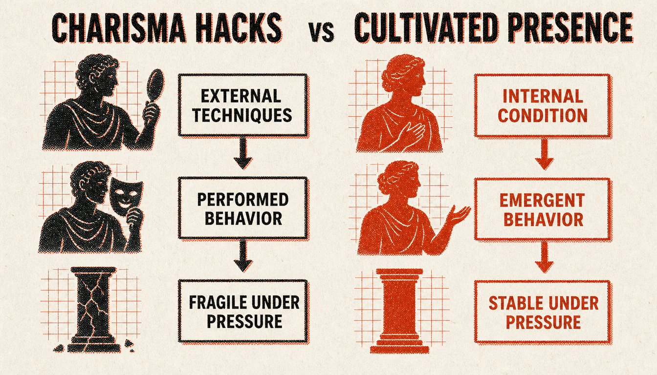 Comparison diagram of charisma hacks versus cultivated social presence in men