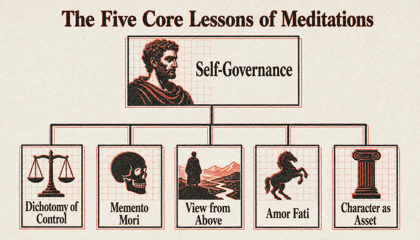 Hierarchy diagram of the five core marcus aurelius meditations lessons under self-governance