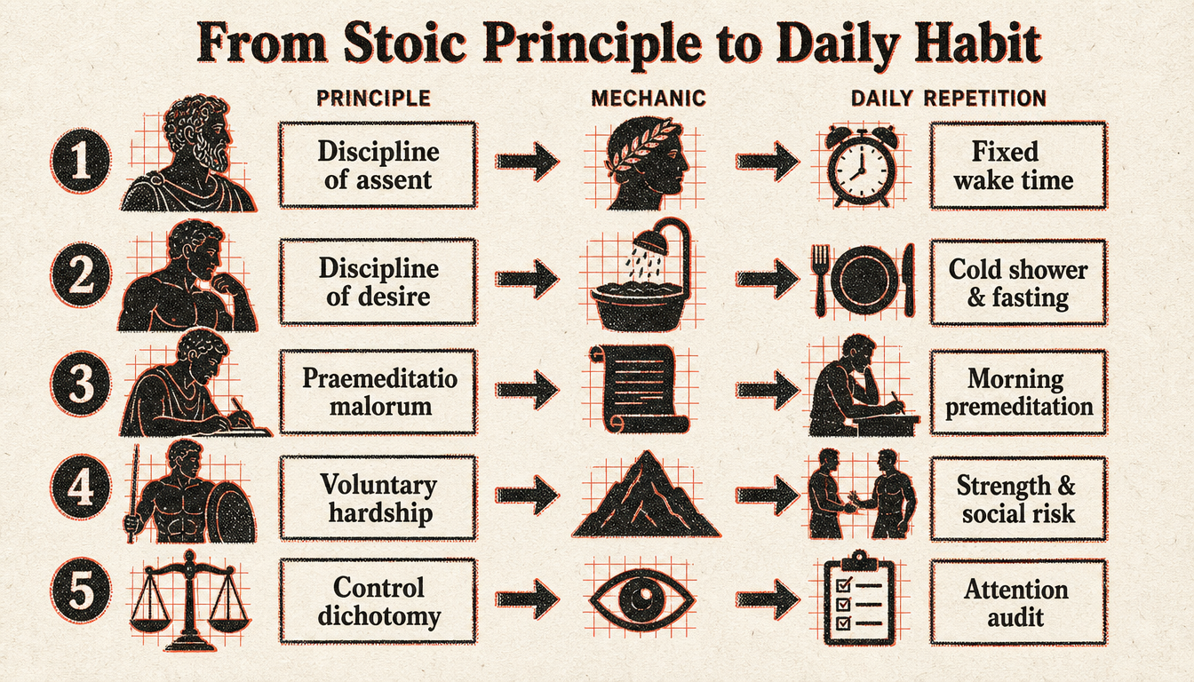 Process diagram converting Stoic principles into daily stoic habits results