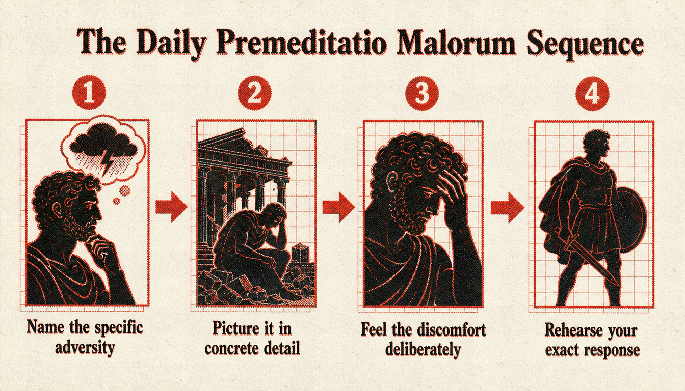Process diagram of the daily premeditatio malorum practice sequence in four steps