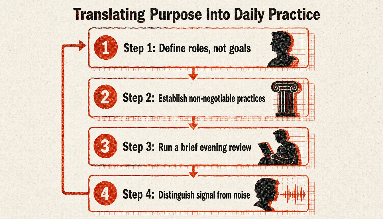 Four-step process diagram for living a purpose vs passion framework