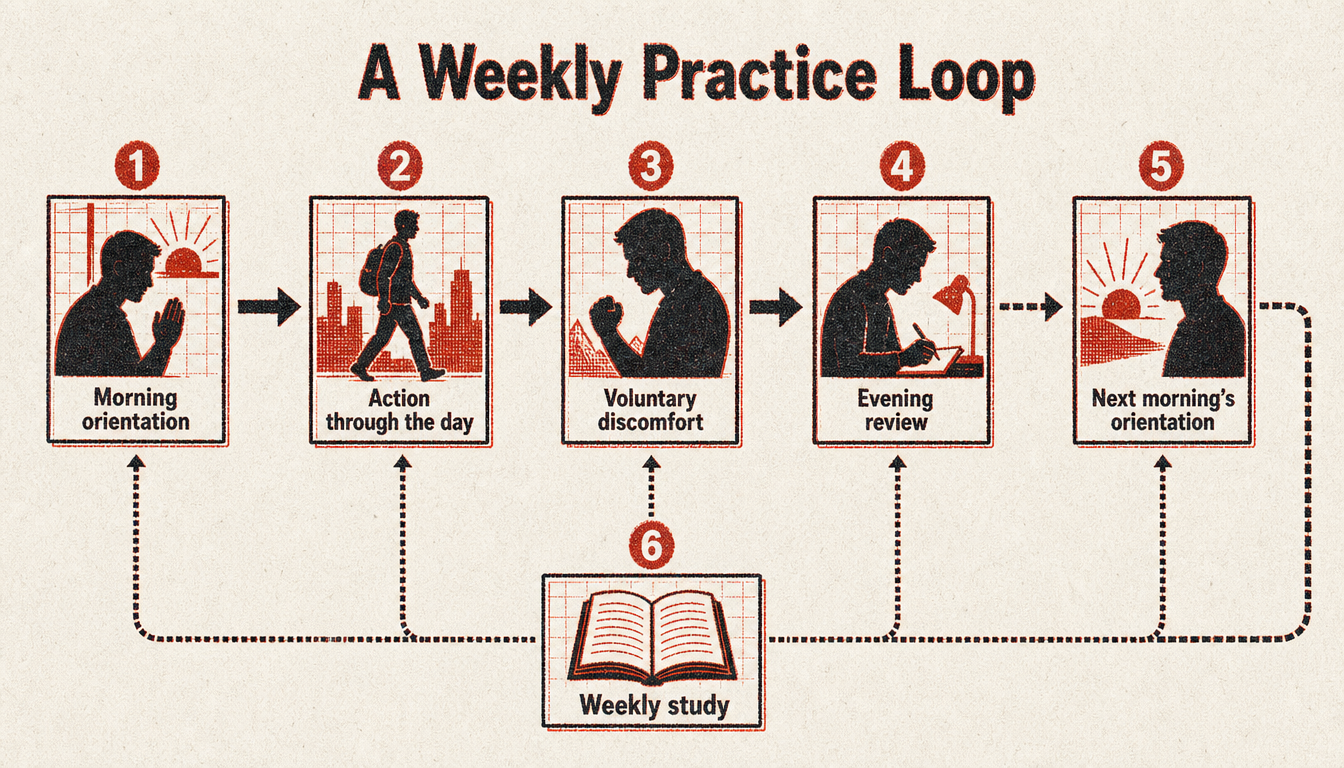 Process diagram of a weekly practice loop for self help for men