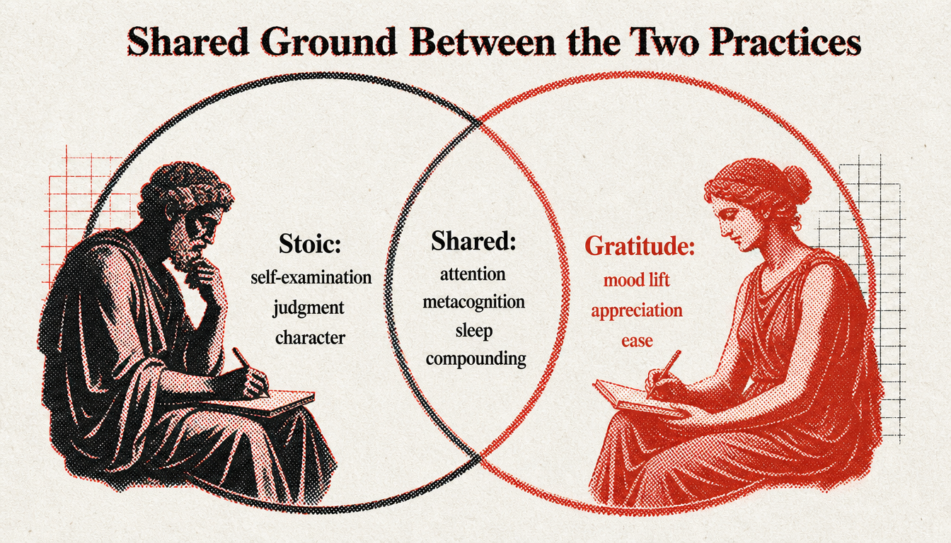 Venn diagram showing shared benefits of stoic journaling and gratitude journaling