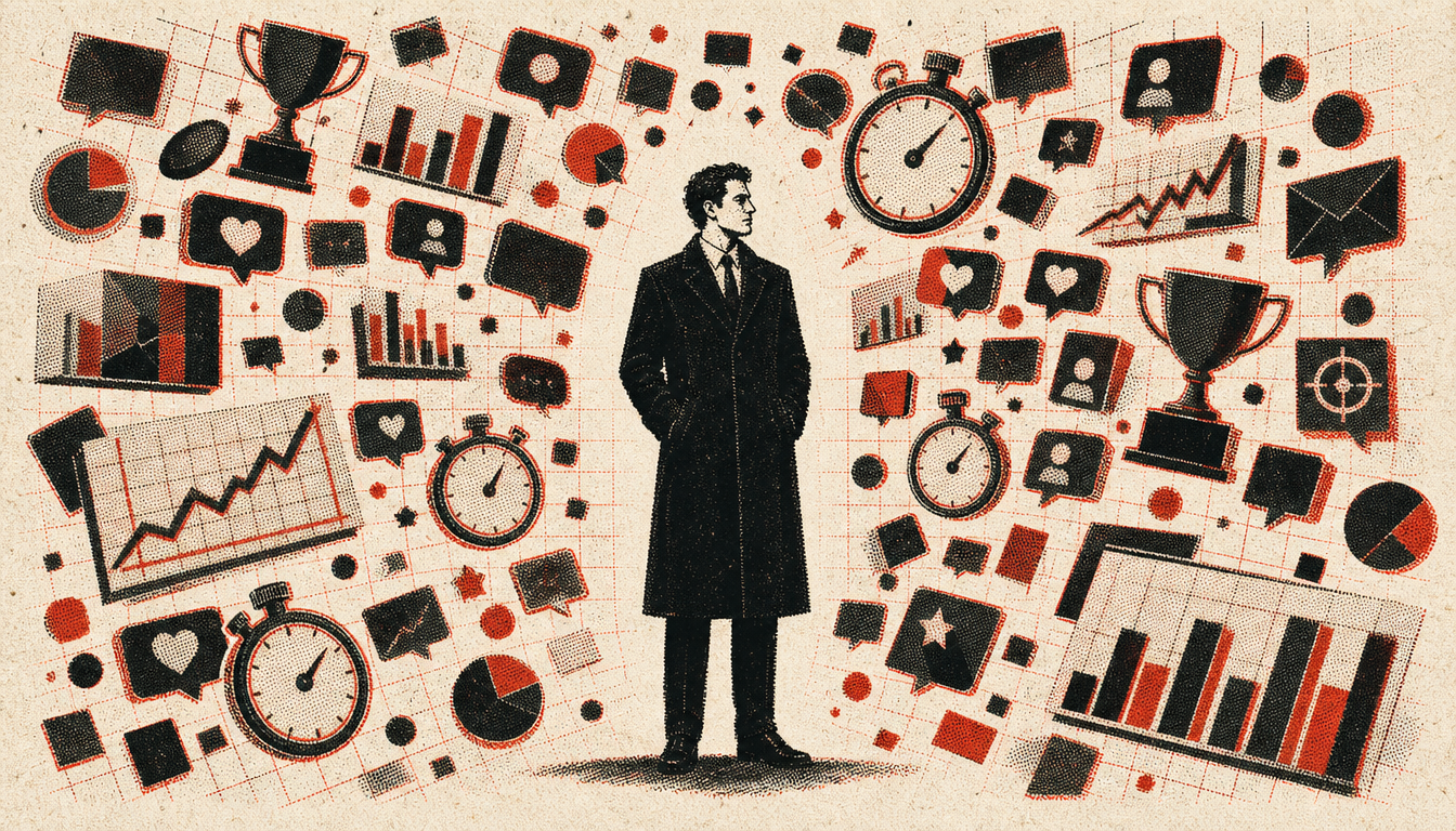 Man surrounded by status icons illustrating modern ambition versus personal legacy