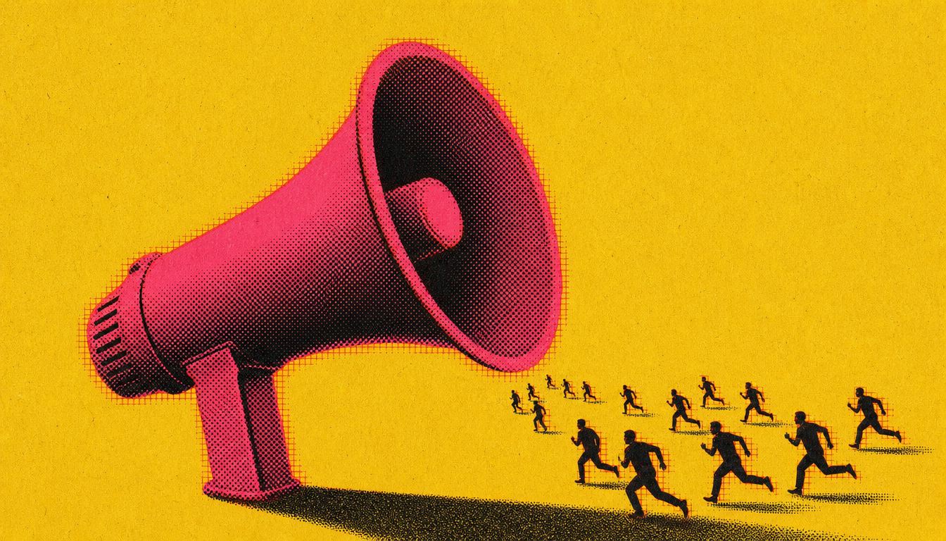 Megaphone and tiny figures illustrating the noisy self help for men industry