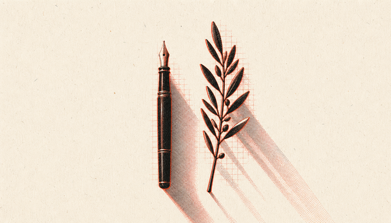 Fountain pen and olive branch symbolizing stoic journaling and gratitude journaling side by side