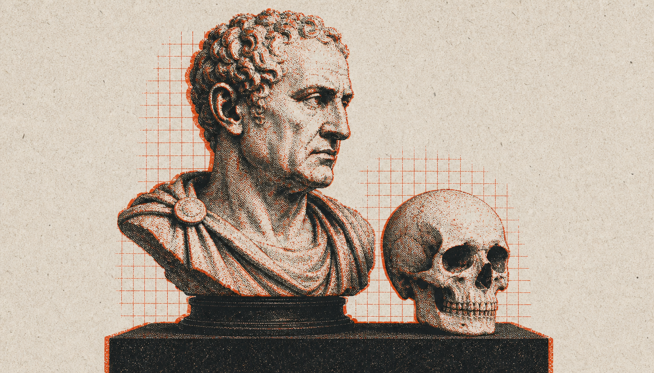 What is memento mori shown by a Roman marble bust beside a skull