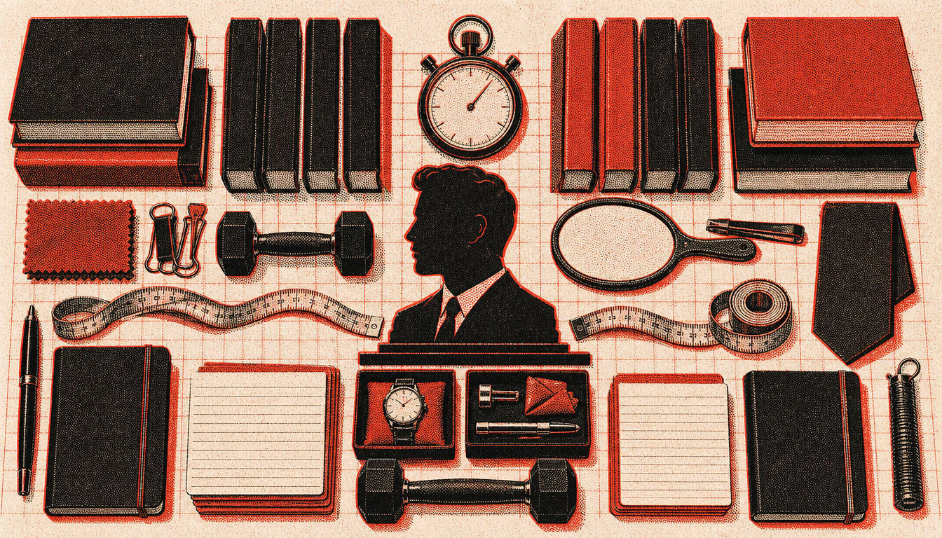 Cluttered self-help artifacts illustrating failed charisma hacks versus real social presence in men
