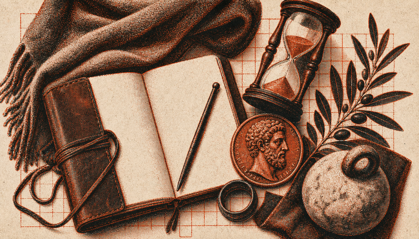 Editorial still life of Stoic objects illustrating marcus aurelius meditations lessons