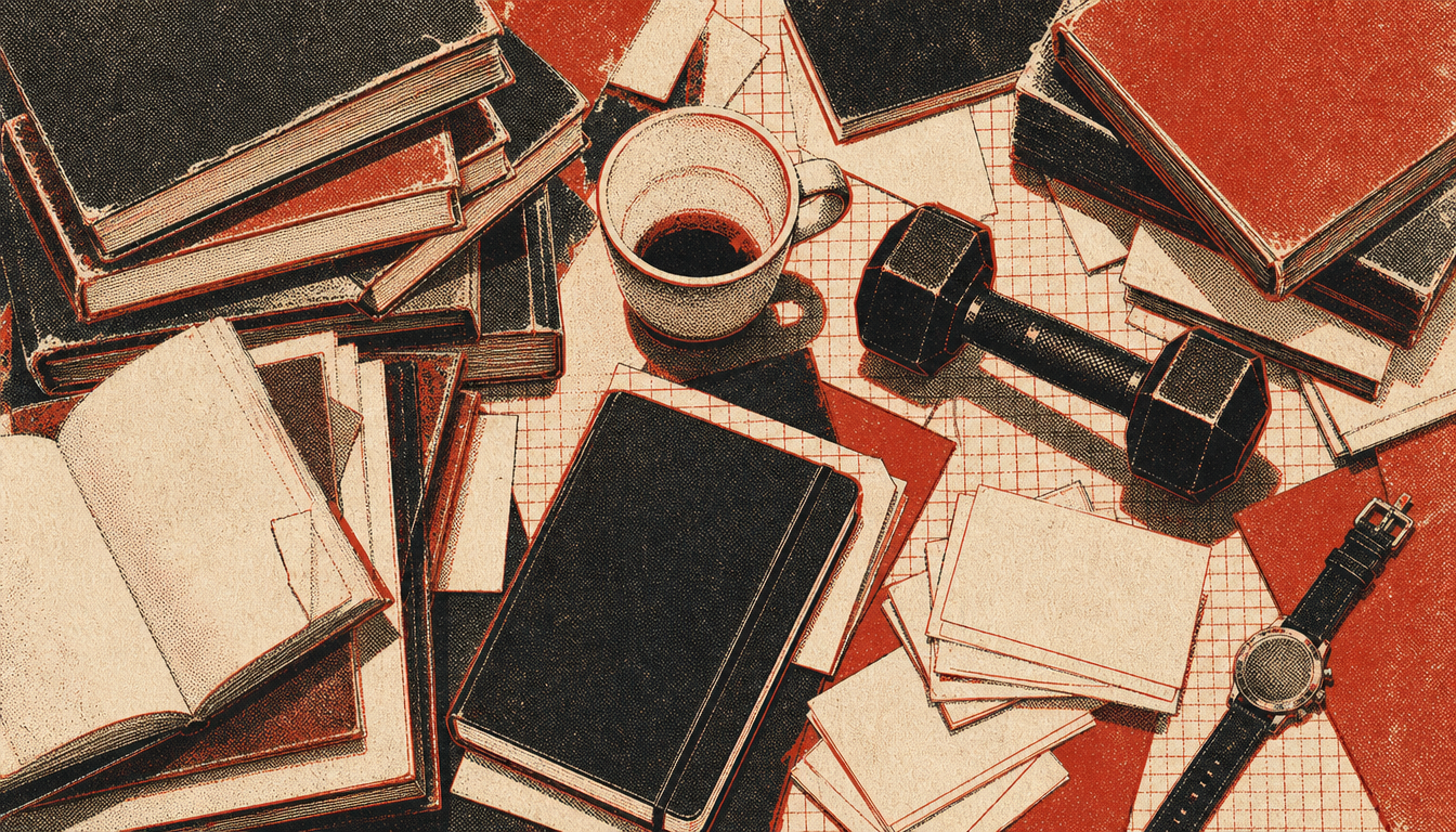 Cluttered flat-lay showing the trap of knowing without doing that from knowing to doing solves