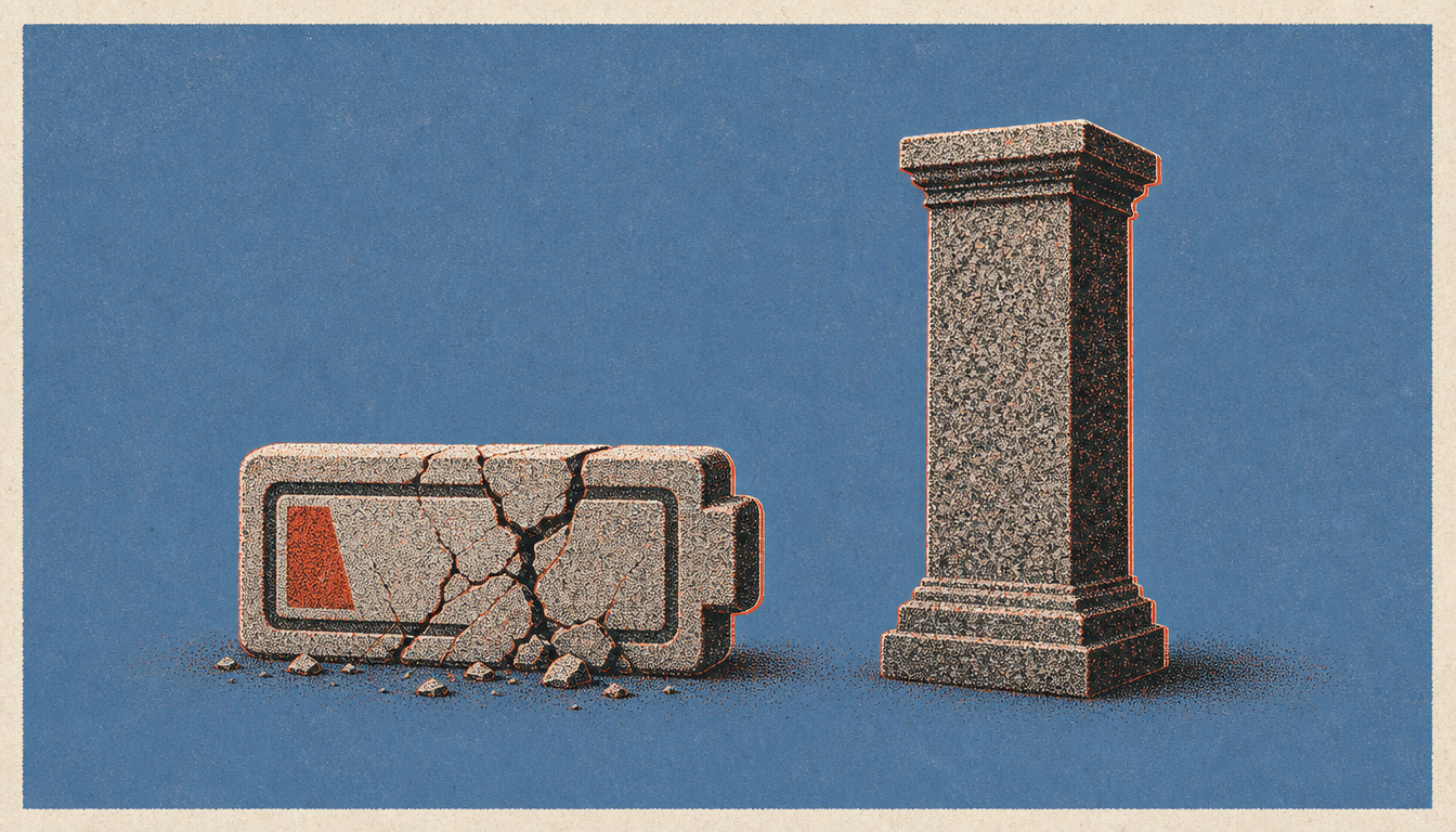 Depleting battery versus solid pillar illustrating systems over willpower in habits of disciplined men