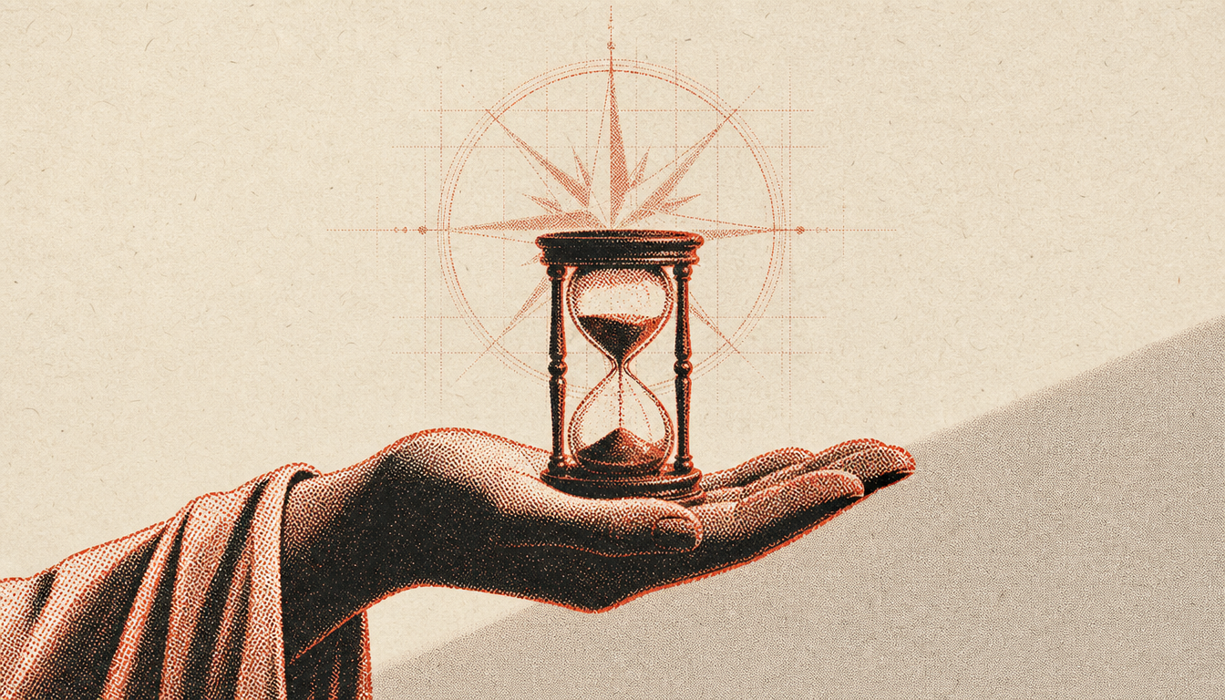 Hand holding hourglass beneath compass rose representing Stoic personal legacy vision