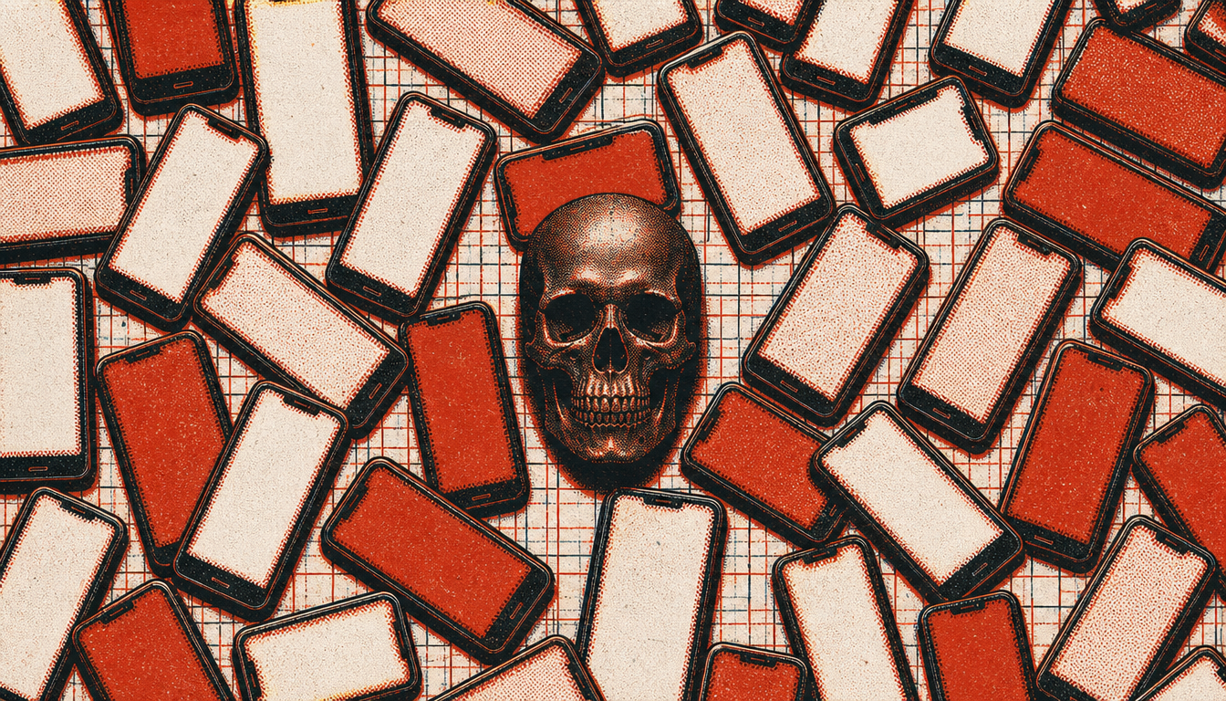 What is memento mori illustrated by a bronze skull among scattered phones
