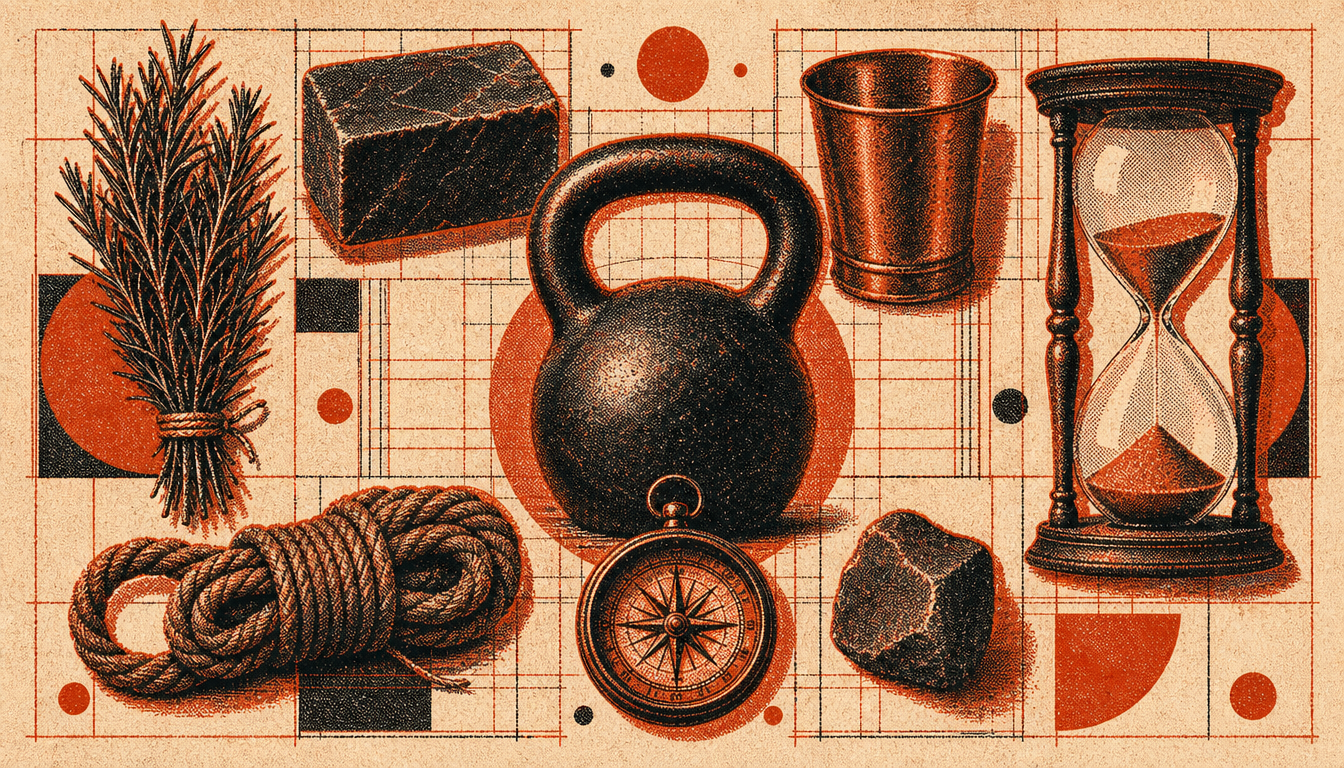 Symbolic objects representing the four pillars of a masculine morning routine
