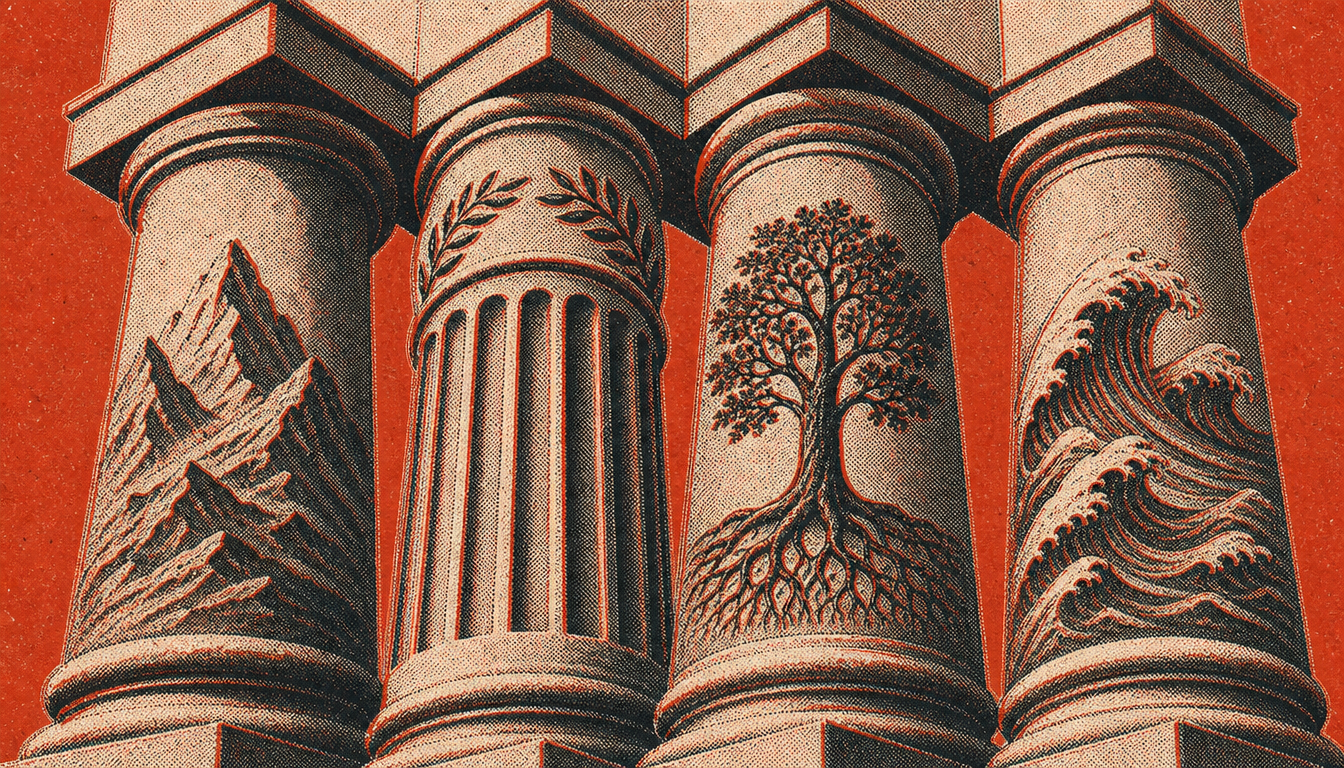 Four stone pillars illustrating the framework for how to build mental toughness as a man
