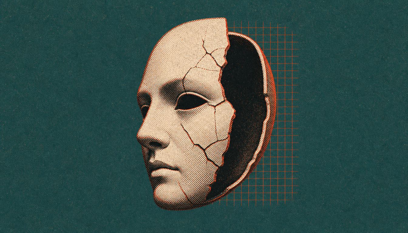 Hollow mask symbolizing the fragility of performed charisma versus authentic social presence in men