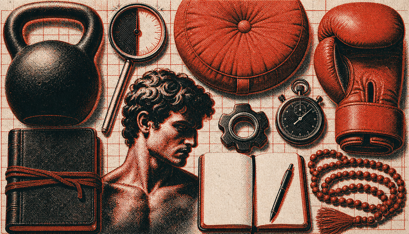 Dense flat-lay of purpose-economy objects bought by men who feel lost in life