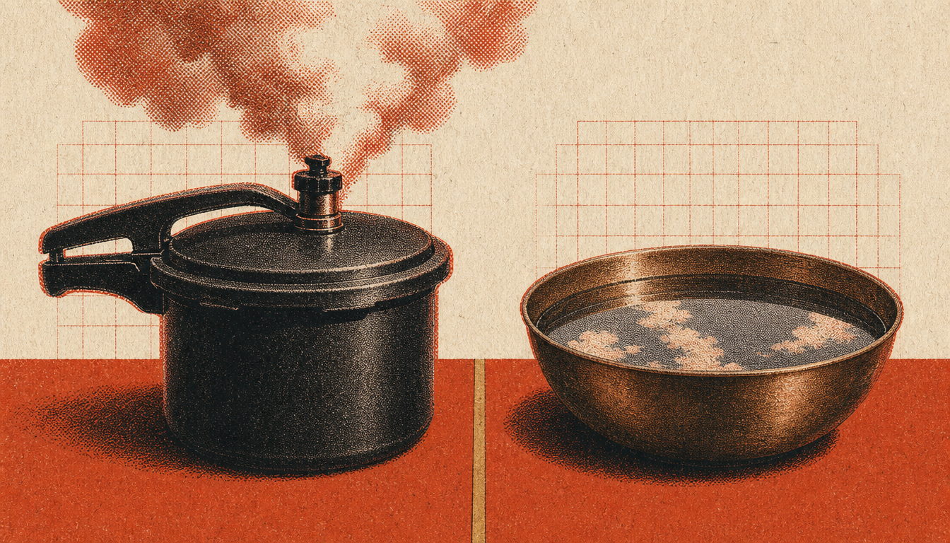 Suppression versus emotional control for men shown as pressure cooker and open bowl