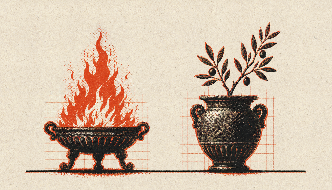 Brazier and rooted urn comparing ambition and personal legacy