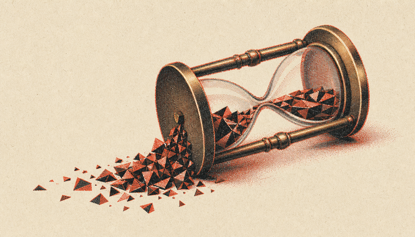 Tipped hourglass spilling shards representing unreliability in purpose vs passion