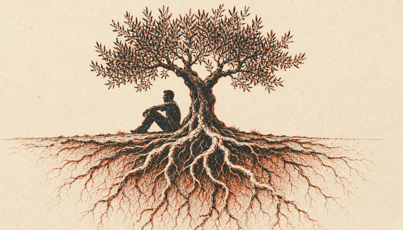 Olive tree with deep roots representing philosophy-grounded self help for men