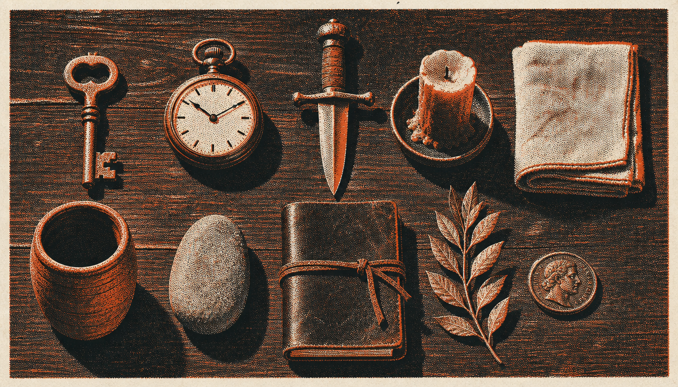 Overhead arrangement of ten objects representing the full set of daily stoic practices