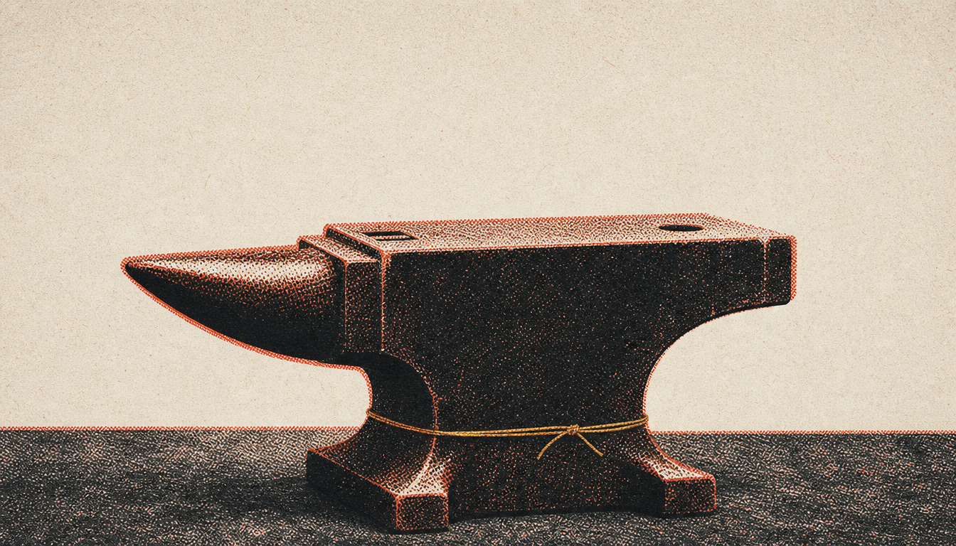 Iron anvil wrapped with gold thread representing stoic journaling as character forge