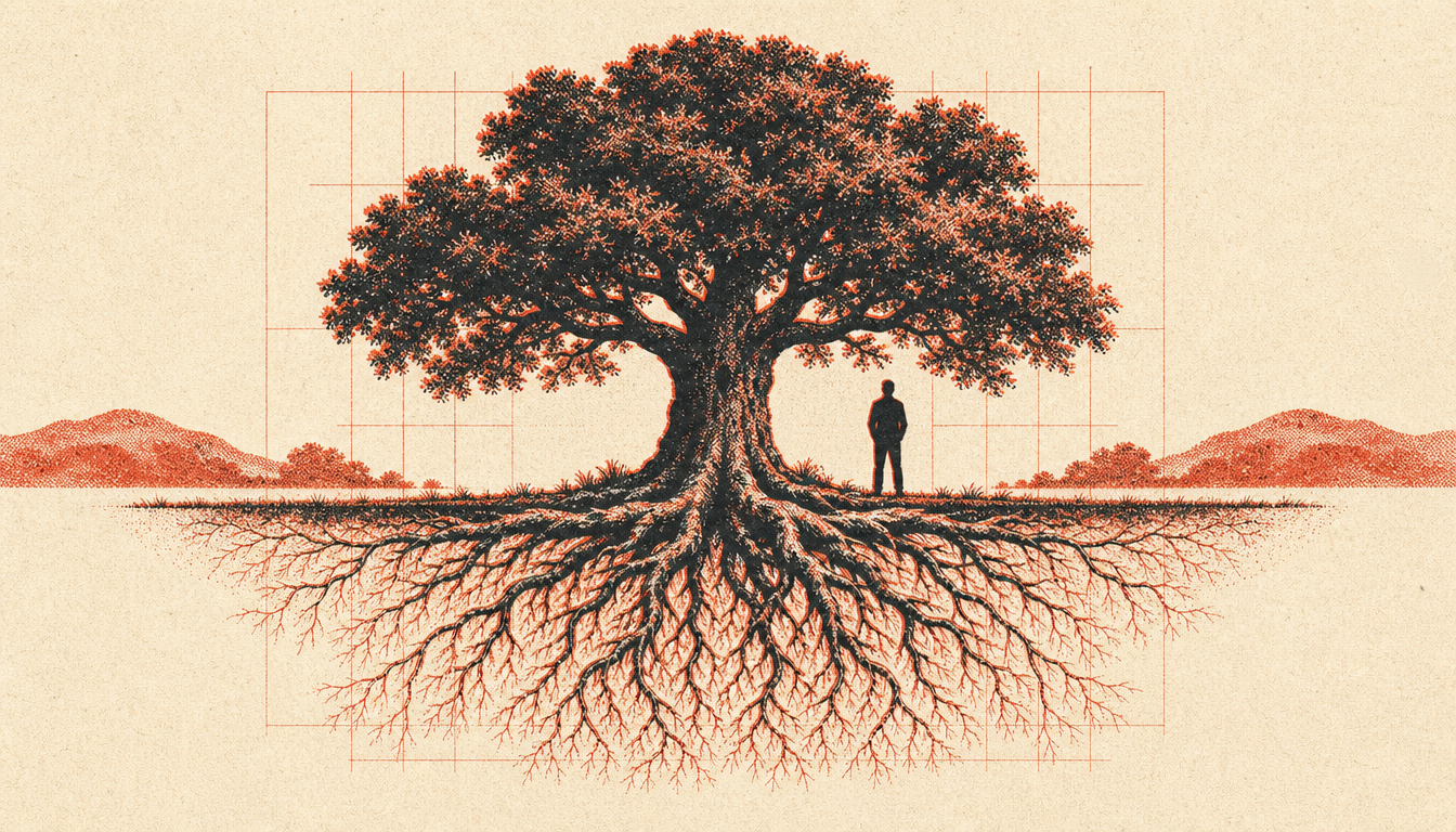 Rooted oak representing cultivated social presence in men grown from Stoic foundations