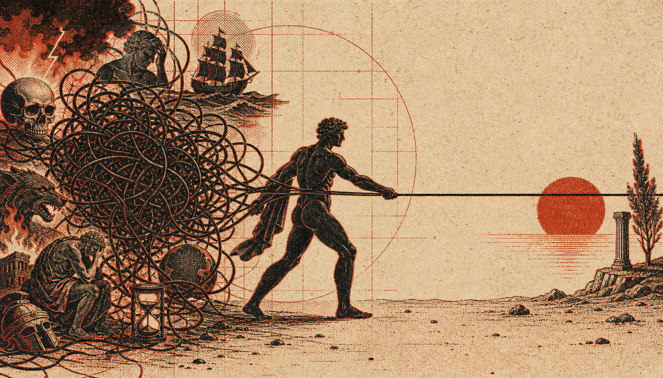Tangled thread resolving into a line, showing worry versus premeditatio malorum practice