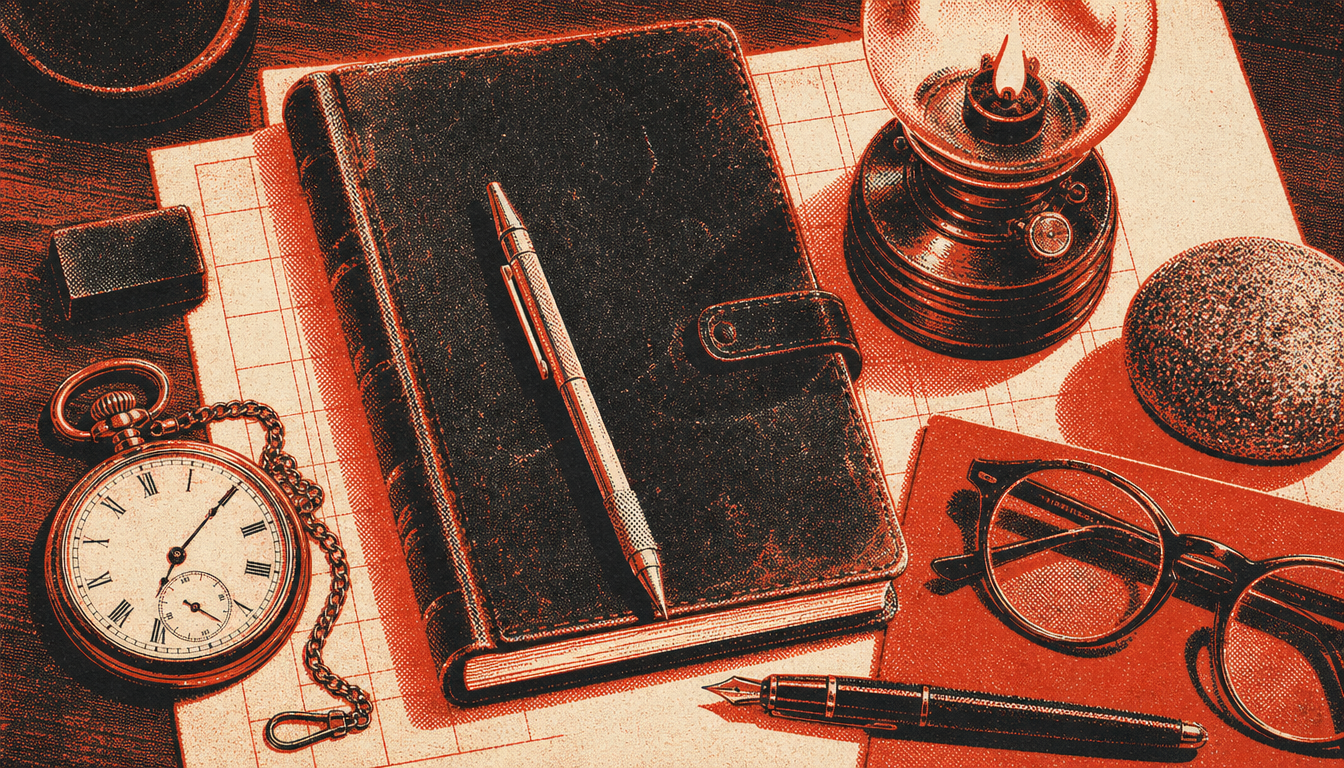 Dense arrangement of evening review tools representing habits of disciplined men
