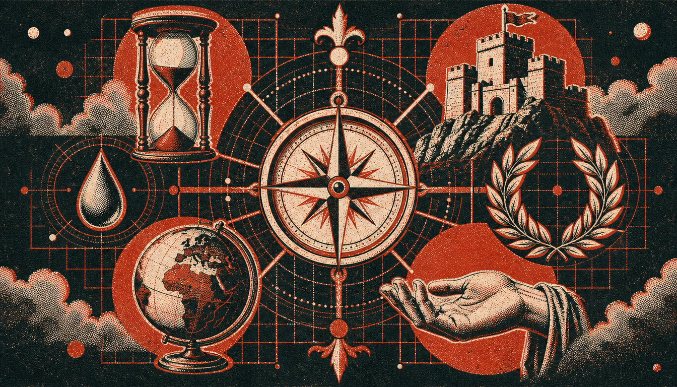 Seven symbolic objects representing the full set of stoic frameworks for men