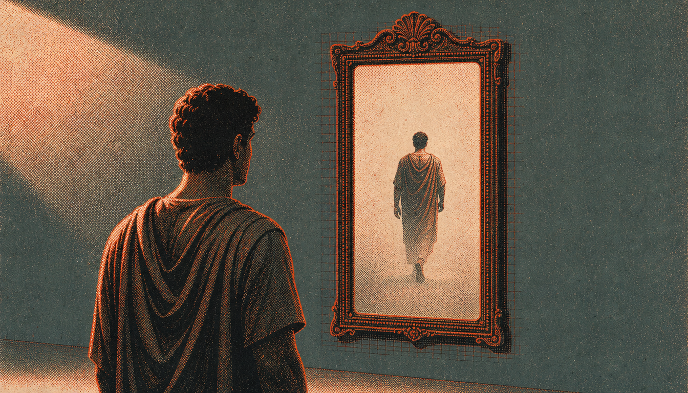 Man facing mirror showing walking reflection symbolizing personal legacy identity
