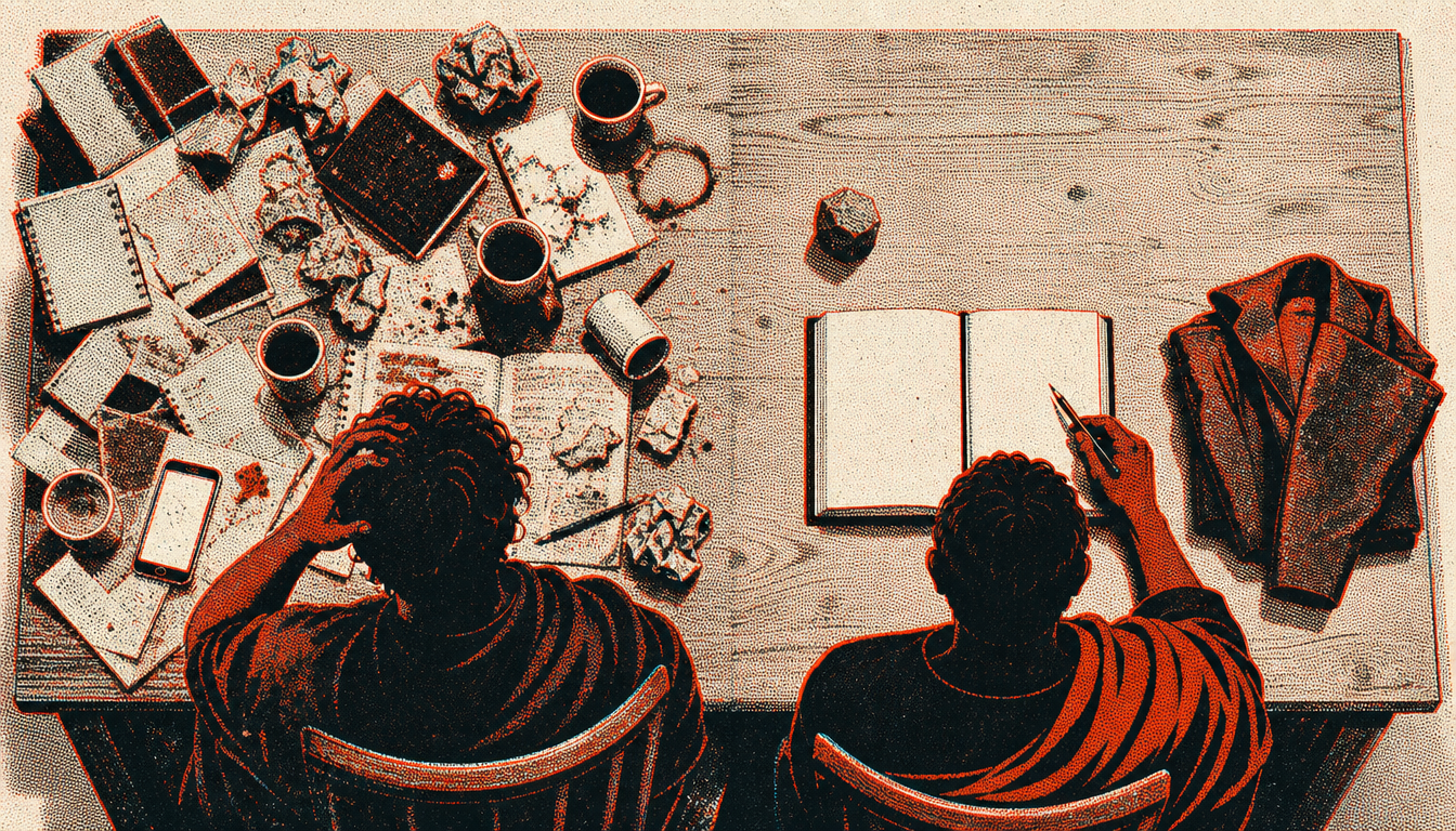 Two contrasting desks showing purpose vs passion frameworks side by side