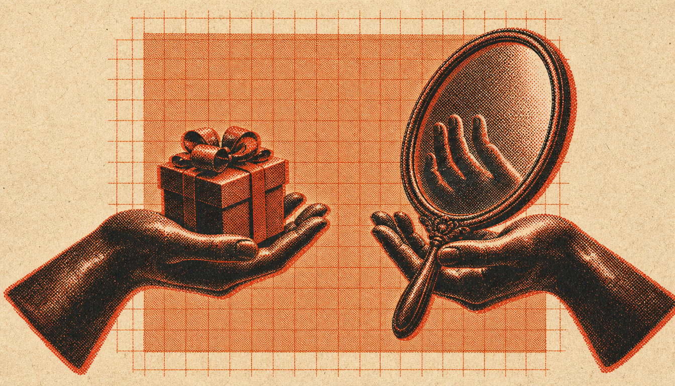 Two bronze hands offering a gift and a mirror, illustrating performative masculinity in mentorship