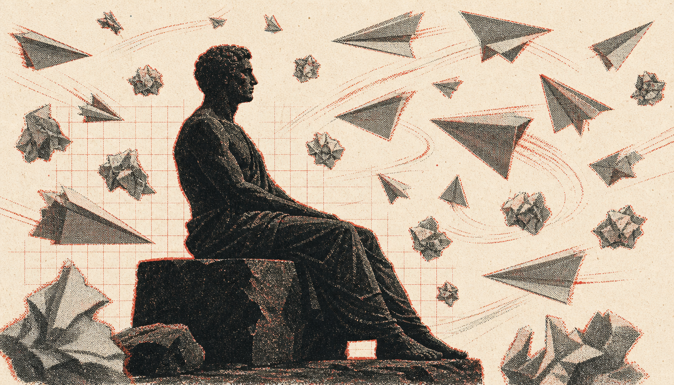 Still basalt figure surrounded by swirling paper representing social presence through the dichotomy of control
