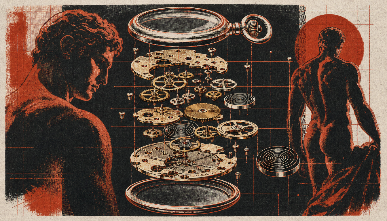 Exploded mechanical watch diagram representing the working system of self help for men