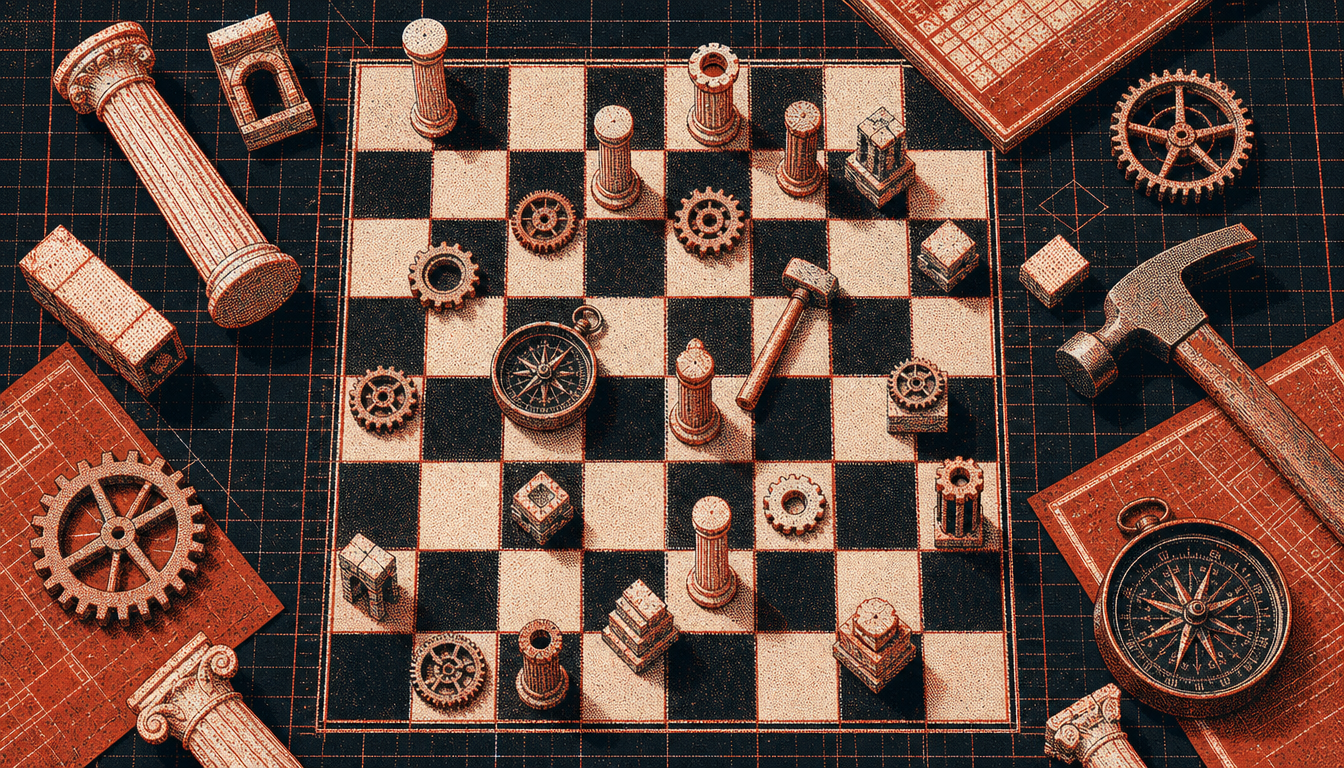 Strategic blueprint composition illustrating decisions that close the knowledge action gap