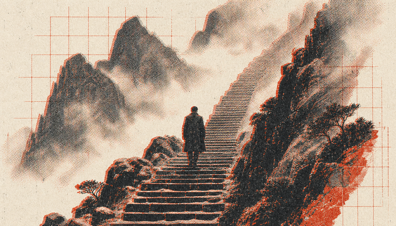 Figure climbing stone stairs into mist, illustrating the long arc of daily stoic practices